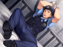 Rule 34 | 1boy, bara, bed, black hair, black vest, blue pants, blue shirt, bound, bound wrists, cuffs, handcuffs, hat, hinahara hajime, male focus, muscular, muscular male, on bed, open mouth, original, pants, police, police hat, police uniform, policeman, restrained, shirt, short hair, solo, uniform, vest