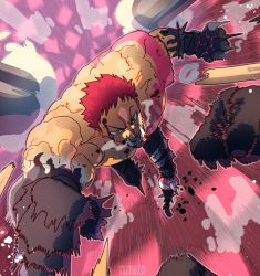 Rule 34 | 1boy, abs, artist name, artist request, attack, black gloves, charlotte katakuri, chest tattoo, epic, fangs, gloves, haki, highres, looking at viewer, male focus, manly, motion lines, muscular, one piece, pectorals, punching, red hair, scar, scar on face, sharp teeth, short hair, solo, tattoo, teeth