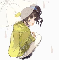 Rule 34 | 1girl, ahoge, blue scrunchie, blush, breasts, brown hair, drill hair, frog, from behind, green raincoat, hair ornament, hair scrunchie, highres, holding, holding umbrella, hood, hood down, idolmaster, idolmaster million live!, idolmaster million live! theater days, long sleeves, looking at viewer, looking back, medium breasts, open mouth, pants, print scrunchie, purple eyes, raincoat, scrunchie, side drill, side ponytail, sidelocks, simple background, smile, socha (sotyahamu), solo, squatting, transparent, transparent umbrella, umbrella, water drop, white background, white pants, yokoyama nao