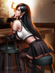 Rule 34 | 1girl, ass, black hair, black thighhighs, blurry, blurry background, breasts, earrings, elbow gloves, closed eyes, final fantasy, final fantasy vii, finger to mouth, fingerless gloves, gloves, highres, jewelry, large breasts, liang xing, lips, long hair, low-tied long hair, shirt, sitting, skirt, solo, square enix, suspender skirt, suspenders, tank top, taut clothes, taut shirt, thighhighs, tifa lockhart, white tank top