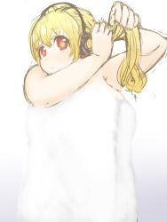 1girl bad_id bad_pixiv_id bare_shoulders blonde_hair blush breasts cleavage female_focus headphones highres huge_breasts looking_at_viewer naked_towel nitroplus onikuman plump short_hair solo super_pochaco towel twintails