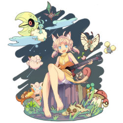 Rule 34 | 1girl, altaria, amoonguss, animal ears, bad id, bad pixiv id, barefoot, blue eyes, bonsly, butterfree, clefairy, coin, creatures (company), crobat, game freak, gastly, gen 1 pokemon, gen 2 pokemon, gen 3 pokemon, gen 4 pokemon, gen 5 pokemon, gloom (pokemon), grass, guitar, hoppip, icywood, instrument, jewelry, jigglypuff, jumpluff, lunatone, meowth, necklace, nintendo, oddish, open mouth, outdoors, personification, pokemon, pokemon (creature), sitting, slakoth, tail, tree stump, whismur, yawning