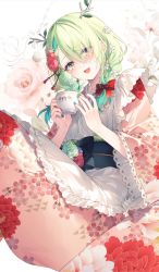 Rule 34 | 1girl, :d, antlers, apron, blush, braid, ceres fauna, ceres fauna (new year), cup, floral print, flower, frilled apron, frills, green hair, green nails, hair flower, hair ornament, hair over one eye, highres, holding, holding cup, hololive, hololive english, horns, japanese clothes, kimono, long hair, looking at viewer, low twin braids, low twintails, maid, maid apron, mole, mole under eye, multicolored hair, nail polish, obi, official alternate costume, official alternate hairstyle, one eye covered, open mouth, pink kimono, print kimono, sash, smile, solo, streaked hair, tassel, tassel hair ornament, teacup, toosaka asagi, twin braids, twintails, two-tone hair, virtual youtuber, wa maid, white apron, yellow eyes