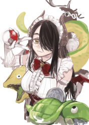 Rule 34 | 1girl, absurdres, black hair, bow, bowtie, breasts, brooch, center frills, coin, commentary request, cropped torso, demon horns, demon wings, elbow gloves, freckles, frills, gathers, glasses, gloves, hair over one eye, hand up, highres, holding, holding poke ball, horns, ikuhana niiro, indie virtual youtuber, itou life (vtuber), jewelry, large breasts, long hair, looking at viewer, mini wings, moray eel, one eye covered, poke ball, red bow, red bowtie, ribbed gloves, ribbed shirt, shirt, simple background, sleeveless, sleeveless shirt, smile, solo, turtle, underbust, v over eye, virtual youtuber, white background, white gloves, wings, yellow eyes, yen
