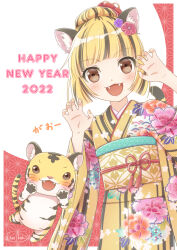 Rule 34 | 1girl, 2022, :3, animal, animal ears, black hair, blonde hair, blunt bangs, blunt ends, blush, brown eyes, chinese zodiac, claw pose, fangs, flower, furisode, hair bun, hair flower, hair ornament, hands up, happy new year, highres, ibuki ena, japanese clothes, kimono, long sleeves, looking at viewer, multicolored hair, nail polish, new year, obi, open mouth, original, sash, smile, solo, streaked hair, tiger, tiger ears, tiger girl, wide sleeves, year of the tiger