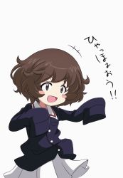 Rule 34 | +++, 1girl, :d, aged down, akiyama yukari, blue jacket, blush stickers, brown eyes, brown hair, commentary, girls und panzer, hazuki haru, highres, jacket, long sleeves, messy hair, military, military uniform, miniskirt, ooarai military uniform, open mouth, oversized clothes, pleated skirt, short hair, simple background, skirt, sleeves past fingers, sleeves past wrists, smile, solo, standing, translated, uniform, v-shaped eyebrows, white background, white skirt