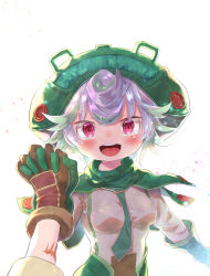 Rule 34 | blush, brown gloves, crying, crying with eyes open, curly hair, gloves, green gloves, hat, highres, holding hands, made in abyss, nade, open mouth, prushka, red eyes, riko (made in abyss), scar, short hair, silver hair, smile, solo focus, tears