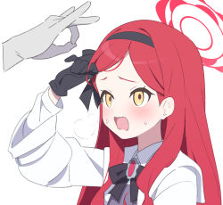 Rule 34 | black gloves, black hairband, black ribbon, blue archive, gloves, hairband, halo, hand on own head, long hair, looking at viewer, red hair, ribbon, shirt, simple background, supershiruco, takane (blue archive), white background, white shirt
