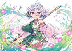 Rule 34 | &gt;:(, 1girl, antenna hair, bare shoulders, bridal gauntlets, bruise, closed mouth, commentary request, dress, flower, green dress, hair between eyes, hair flower, hair ornament, highres, holding, holding weapon, injury, kokkoro (princess connect!), light frown, looking at viewer, petals, pink flower, pointy ears, princess connect!, red eyes, see-through, silver hair, sleeveless, sleeveless dress, solo, standing, v-shaped eyebrows, wagashi928, weapon