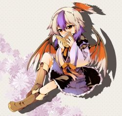 Rule 34 | 1girl, blue skirt, blush, book, boots, brown footwear, covered mouth, covering own mouth, drop shadow, floral background, full body, grey background, head wings, holding, holding book, horns, ichizen (o tori), long hair, long sleeves, multicolored hair, purple hair, rading, red eyes, shirt, silver hair, single head wing, sitting, skirt, solo, sweatdrop, tokiko (touhou), touhou, two-tone hair, white shirt, wide sleeves, wings