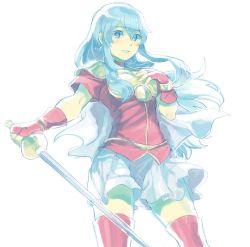 Rule 34 | 1girl, aisutabetao, blue hair, eirika (fire emblem), fire emblem, fire emblem: the sacred stones, highres, holding, holding weapon, long hair, looking at viewer, nintendo, open mouth, rapier, simple background, solo, solo focus, sword, weapon, white background