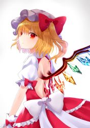 Rule 34 | 1girl, absurdres, back, back cutout, backless dress, backless outfit, blonde hair, bow, closed mouth, clothing cutout, crystal, dress, flandre scarlet, frilled dress, frills, from behind, hair bow, hat, highres, layered dress, looking at viewer, looking back, mob cap, one side up, puffy nipples, puffy short sleeves, puffy sleeves, red bow, red dress, sakizaki saki-p, short hair, short sleeves, simple background, smile, solo, touhou, upper body, white background, white bow, white hat, wings, wrist cuffs