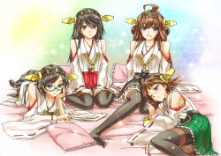 Rule 34 | 10s, 4girls, abo (hechouchou), ahoge, black legwear, blue eyes, brown eyes, brown hair, commentary request, detached sleeves, glasses, hair ornament, haruna (kancolle), hiei (kancolle), highres, japanese clothes, kantai collection, kirishima (kancolle), kongou (kancolle), lap pillow, long sleeves, looking at viewer, lying, miko, multiple girls, nontraditional miko, on side, on stomach, one eye closed, open mouth, pantyhose, pillow, shirt, sitting, skirt, smile, thighhighs, wariza, wink, zettai ryouiki