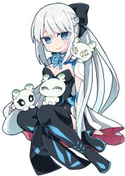 Rule 34 | 1girl, black bow, black dress, black footwear, black thighhighs, blue eyes, blush, boots, bow, braid, breasts, cape, chibi, cleavage, closed mouth, dress, fate/grand order, fate (series), french braid, grey hair, hair bow, half updo, con (fate), long hair, morgan le fay (fate), ponytail, rabiiandrain, short dress, sidelocks, smile, thigh boots, thighhighs, very long hair, white background, white cape