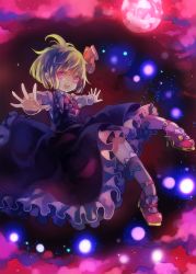 Rule 34 | 1girl, black dress, blonde hair, cha goma, commentary, dress, hair ribbon, highres, long sleeves, open mouth, outstretched arms, pink eyes, ribbon, rumia, shirt, smile, solo, touhou