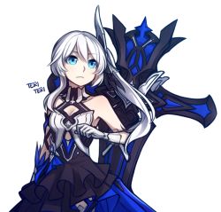 Rule 34 | 1girl, :&lt;, bare shoulders, black dress, blue dress, blue eyes, border, breasts, commentary, dress, english commentary, eyes visible through hair, gloves, hair ornament, honkai (series), honkai impact 3rd, long hair, looking away, multicolored clothes, multicolored dress, outline, side ponytail, small breasts, solo, speckticuls, theresa apocalypse, theresa apocalypse (twilight paladin), transparent background, white gloves, white hair, white outline