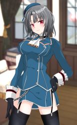 Rule 34 | 1girl, beret, black gloves, black hair, black thighhighs, blue hat, book, breasts, chair, cowboy shot, curtains, desk, garter straps, gloves, hand on own hip, hat, highres, kantai collection, large breasts, military, military uniform, nitamako (sakamalh), office, papers, red eyes, short hair, solo, takao (kancolle), thighhighs, uniform, window, wooden floor