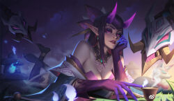 Rule 34 | 1girl, absurdres, artist request, bare shoulders, breasts, cleavage, cup, earrings, evelynn (league of legends), eyeshadow, feet, fire, full body, glowing, glowing eyes, grass, hand on own cheek, hand on own face, highres, horns, jewelry, large breasts, league of legends, looking at viewer, lying, makeup, mole, mole under eye, necklace, official alternate costume, official alternate hairstyle, on stomach, outdoors, parted lips, pointy ears, purple eyes, purple hair, smile, solo, spirit, spirit blossom (league of legends), spirit blossom evelynn, teacup, toes