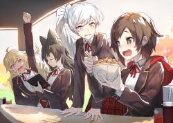 Rule 34 | + +, 4girls, ahoge, arm up, bar (place), black eyes, black hair, black jacket, blake belladonna, blonde hair, blue eyes, blush, book, bow, bowl, brown hair, chopsticks, closed mouth, collared shirt, counter, drooling, closed eyes, food, food request, frown, glint, hair bow, hair ornament, hair stick, hood, hood down, izumi sai, jacket, long hair, looking at viewer, mouth hold, multiple girls, open clothes, open jacket, open mouth, parted lips, plaid, plaid skirt, ponytail, raised fist, red hood, red ribbon, red skirt, ribbon, ruby rose, rwby, saliva, salt shaker, scar, scar across eye, scar on face, school uniform, shirt, short hair, sitting, skirt, smile, sparkling eyes, standing, sunlight, wavy mouth, weiss schnee, white hair, white shirt, yang xiao long