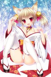 Rule 34 | 1girl, :d, animal ears, bad id, bad pixiv id, bare shoulders, bare tree, bell, blonde hair, blush, bow, breasts, cameltoe, cleavage, clenched hand, collarbone, female focus, fox ears, full body, highres, japanese clothes, jingle bell, kimono, large breasts, legs, looking at viewer, minatsuki alumi, off shoulder, open mouth, original, panties, pantyshot, paw pose, red eyes, ribbon-trimmed legwear, ribbon trim, sitting, smile, snowflake print, snowflakes, solo, thighhighs, thighs, tree, two side up, underwear, white panties, white thighhighs