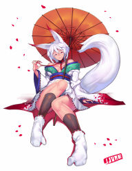 Rule 34 | 1girl, animal ears, bare shoulders, breasts, choker, female focus, fox ears, fox tail, inari, japanese clothes, jjune, kimono, large breasts, long sleeves, monster girl, off shoulder, oil-paper umbrella, original, petals, red eyes, ribbon choker, silver hair, simple background, sitting, smile, solo, tail, umbrella, wide sleeves