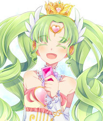 Rule 34 | 1girl, ^ ^, bare shoulders, blush, choker, closed eyes, colored eyelashes, detached sleeves, facing viewer, falulu, forehead jewel, green hair, hair ornament, heart, holding, long hair, open mouth, parted bangs, pretty series, pripara, ruka192, smile, solo, tiara, twintails, upper body, wavy hair