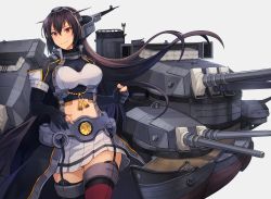 Rule 34 | 1girl, black coat, black gloves, black hair, breasts, brown eyes, brown hair, closed mouth, coat, cowboy shot, elbow gloves, gloves, grey background, hair between eyes, headgear, highres, kantai collection, kasumi (skchkko), large breasts, long coat, long hair, looking at viewer, machinery, midriff, miniskirt, nagato (kancolle), nagato kai ni (kancolle), navel, negative space, partially fingerless gloves, pleated skirt, red eyes, red thighhighs, revision, rigging, shrug (clothing), simple background, skirt, smile, solo, tassel, thighhighs, turret, very long hair, white background, white skirt
