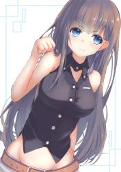 Rule 34 | 1girl, bare arms, bare shoulders, belt, belt buckle, black shirt, blue eyes, breasts, brown belt, brown hair, buckle, closed mouth, collared shirt, commentary request, demimushi, dress shirt, groin, hand up, highres, kakuchou shoujo-kei trinary, kunimasa ayami, long hair, looking at viewer, medium breasts, shirt, sleeveless, sleeveless shirt, smile, solo, very long hair, white background