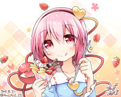 Rule 34 | 1girl, anzu ame, blush, collarbone, food, food on face, fruit, gradient background, hair ornament, hairband, heart, heart hair ornament, komeiji satori, licking lips, parfait, pink eyes, pink hair, shirt, signature, solo, spoon, strawberry, strawberry parfait, third eye, tongue, tongue out, touhou, upper body