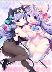 Rule 34 | 2girls, :d, absurdres, animal ears, animal hat, arm garter, black footwear, black gloves, black legwear, bow, breast rest, breasts, brooch, candy, cat tail, character name, choker, cleavage, crescent, dress, food, full body, gloves, hair bow, hat, high heels, highres, jewelry, lace trim, large breasts, leotard, lollipop, long hair, looking at viewer, multiple girls, open mouth, pantyhose, patchouli knowledge, pink eyes, pink footwear, playboy bunny, purple eyes, purple hair, rabbit ears, rabbit tail, shiika yuno, shoes, smile, striped clothes, striped dress, tail, thighhighs, touhou, vertical-striped clothes, vertical-striped dress, white legwear, wide hips