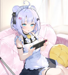 Rule 34 | 1girl, ahoge, apron, asagi yuna, bare shoulders, black bow, black dress, blue eyes, bow, breasts, collared dress, commentary request, commission, couch, double bun, dress, feet out of frame, frilled apron, frills, hair bow, hair bun, holding, indie virtual youtuber, looking at viewer, maid, maid apron, maid headdress, nintendo switch, on couch, pillow, purple hair, shizukou, sitting, sleeveless, sleeveless dress, small breasts, solo, two side up, virtual youtuber, white apron
