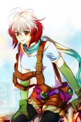 Rule 34 | 1girl, blue shirt, multicolored hair, nadir, pascal (tales), pascal (tales), red hair, scarf, shirt, short hair, smile, solo, tales of (series), tales of graces, two-tone hair, white hair, yellow eyes