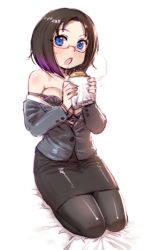 Rule 34 | 10s, 1girl, :o, bare shoulders, bed, black bra, black hair, black jacket, black pantyhose, black skirt, blazer, bow (bhp), bra, breasts, buttons, collarbone, elma (maidragon), food, formal, full body, glasses, gradient hair, hands up, holding, holding food, jacket, kobayashi-san chi no maidragon, large breasts, looking at viewer, miniskirt, multicolored hair, off shoulder, office lady, on bed, open clothes, open jacket, open mouth, pantyhose, parted bangs, pencil skirt, purple hair, rimless eyewear, saliva, seiza, shirt, short hair, simple background, sitting, skirt, solo, steam, strap slip, suit, sweatdrop, unbuttoned, unbuttoned shirt, underwear, white background