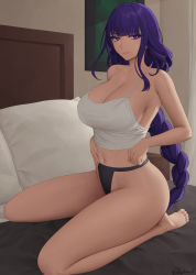 Rule 34 | 1girl, bare shoulders, bed, black panties, blush, braid, breasts, camisole, cleavage, collarbone, genshin impact, highres, large breasts, long hair, looking at viewer, low-braided long hair, low-tied long hair, mole, mole under eye, navel, on bed, panties, pillow, purple eyes, purple hair, raiden shogun, seiza, sitting, smile, solo, thighs, underwear, very long hair, white camisole, zaphn