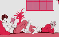 Rule 34 | 2boys, blouse, book, collared shirt, color guide, dio brando, from side, head rest, indoors, jojo no kimyou na bouken, jonathan joestar, limited palette, male focus, minatosu, multiple boys, open book, plant, potted plant, reading, red shirt, red theme, shirt, sitting, sleeves rolled up, white shirt, window