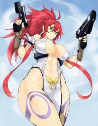 Rule 34 | 1girl, abs, absurdres, ahoge, anagumasan, arm garter, breasts, center opening, cloud, cloudy sky, commentary request, commission, day, dress, dual wielding, earrings, finger on trigger, fingerless gloves, from below, gloves, green eyes, gun, hair pulled back, handgun, high ponytail, highleg, highleg dress, highres, himeki luna, holding, holding gun, holding weapon, impossible clothes, impossible dress, jewelry, large breasts, leg tattoo, long hair, looking at viewer, navel, no bra, no panties, pelvic curtain, pistol, pixiv commission, red hair, sky, sleeveless, sleeveless dress, smile, solo, strapless, strapless dress, tattoo, thick thighs, thighs, vanguard princess, weapon, white dress