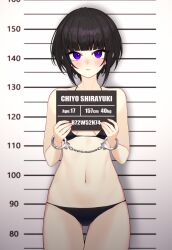 Rule 34 | 1girl, absurdres, bikini, black bikini, black hair, blunt bangs, blush, closed mouth, commentary request, commission, cowboy shot, expressionless, height chart, height mark, highres, holding, holding sign, idolmaster, idolmaster cinderella girls, looking at viewer, mugshot, purple eyes, shirayuki chiyo, short hair, sign, skeb commission, solo, standing, stomach, swimsuit, taiyou-n