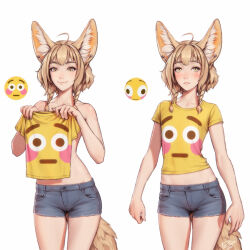 Rule 34 | 1girl, ahoge, animal ear fluff, animal ears, blue shorts, blush, braid, closed mouth, collarbone, commentary, covering privates, cowboy shot, earrings, emoji, english commentary, failure, flat chest, flat chest joke, flushed face emoji, frown, gluteal fold, holding, holding clothes, holding shirt, jewelry, khiara (personal ami), light brown hair, medium hair, meme, multiple views, original, personal ami, pocket, shirt, shorts, smile, t-shirt, tail, twin braids, white background, yellow eyes