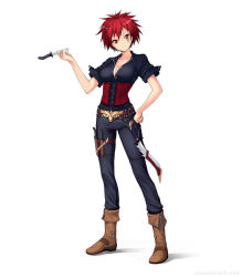 Rule 34 | 1girl, atomix, belt, boots, breasts, cleavage, corset, facial mark, hand on own hip, hip focus, horns, image sample, knife, medium breasts, original, pants, red eyes, red hair, sheath, short hair, solo