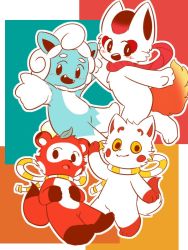 Rule 34 | 2020 summer olympics, 4others, animal, black eyes, blush stickers, colored sclera, fangs, kitsune, kitsune (team i), kitsune (team u), komainu (team i), leaf, leaf on head, multiple others, no humans, olympics, outstretched hand, rope, shimenawa, smile, tanuki, tanuki (team u), yellow sclera