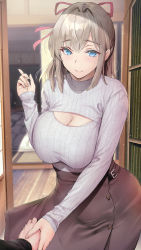 Rule 34 | 1girl, absurdres, blue eyes, blush, breasts, brown hair, cleavage, cleavage cutout, closed mouth, clothing cutout, commentary request, gentsuki, grey shirt, hair ornament, highres, holding hands, large breasts, long sleeves, looking at viewer, medium hair, original, pov, purple skirt, shirt, shirt tucked in, skirt, smile