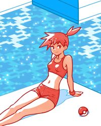 Rule 34 | 1girl, akairiot, breasts, commentary, creatures (company), game freak, highres, looking at viewer, midriff, misty (pokemon), nintendo, on floor, orange hair, poke ball, pokemon, pokemon frlg, pool, short hair, shorts, side ponytail, sitting, smile, solo, spiked hair, swimsuit, symbol-only commentary, wristband