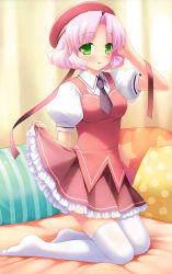 Rule 34 | 1girl, absurdres, arm up, blush, cafe sourire, clothes lift, green eyes, hair ribbon, hat, highres, kneeling, looking at viewer, mizushima kasumi, natsume eri, necktie, open mouth, pink hair, puffy short sleeves, puffy sleeves, ribbon, school uniform, short hair, short sleeves, skirt, skirt lift, solo, thighhighs, white thighhighs