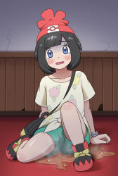 Rule 34 | 1girl, bag, beanie, black hair, blue eyes, blush, bracelet, collarbone, creatures (company), embarrassed, female focus, floral print, full body, game freak, green shorts, gunshou, hat, highres, indoors, jewelry, nintendo, open mouth, peeing, peeing self, poke ball theme, pokemon, pokemon sm, puddle, red footwear, red hat, scared, selene (pokemon), shirt, shoes, short hair, short sleeves, shorts, sitting, solo, steam, tears, wet, wet clothes, yellow shirt
