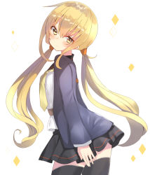 Rule 34 | &gt;:/, 10s, 1girl, :/, black thighhighs, blonde hair, blush, cowboy shot, jacket, kantai collection, long hair, long sleeves, looking at viewer, looking back, low twintails, necktie, pleated skirt, satsuki (kancolle), satsuki kai ni (kancolle), skirt, solo, thighhighs, touko (toukoneko), twintails, v-shaped eyebrows, white background, yellow eyes