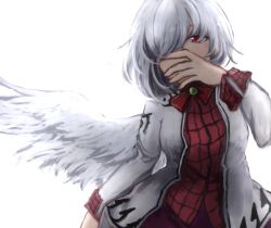 Rule 34 | 1girl, angel wings, bow, breasts, brooch, collared shirt, covering own mouth, cowboy shot, dress, feathered wings, hair over one eye, jacket, jewelry, kishin sagume, long sleeves, looking to the side, plaid, plaid shirt, purple dress, red eyes, shirt, short hair, silver hair, simple background, single wing, solo, sunaya yanokura, touhou, white background, wings