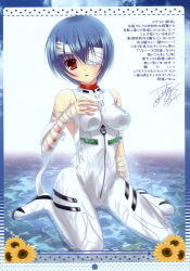 Rule 34 | 1girl, absurdres, ayanami rei, bandages, bare shoulders, blue hair, bodysuit, breasts, female focus, flower, full body, gradient background, hazumi rio, highres, neon genesis evangelion, plant, plugsuit, red eyes, scan, short hair, signature, sitting, solo, sunflower, translation request, water, wet, white background