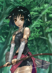Rule 34 | 1girl, :d, animal ears, arrow (projectile), bad id, bad pixiv id, bare shoulders, belt, black hair, bow (weapon), breasts, bridal gauntlets, brown eyes, cowboy shot, dappled sunlight, earrings, fantasy, forest, from side, green hair, holding, holding weapon, hoop earrings, jewelry, light rays, looking at viewer, midriff, mishima yoshikatsu, nature, open mouth, orange eyes, original, outdoors, quiver, sarong, shirt, short hair, short shorts, shorts, side slit, sleeveless, sleeveless shirt, small breasts, smile, solo, standing, sunbeam, sunlight, tree, weapon