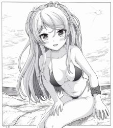 Rule 34 | 1girl, alternate costume, bikini, breasts, collarbone, conte di cavour (kancolle), greyscale, h2 (h20000000), kantai collection, large breasts, long hair, monochrome, navel, side-tie bikini bottom, sitting, solo, string bikini, swimsuit, two side up