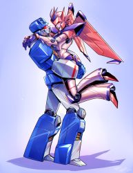 Rule 34 | 1boy, 1girl, assault visor, blue background, commentary, commission, decepticon, english commentary, hetero, highres, hug, lina rojas, mecha, mechanical wings, open mouth, original, parted lips, red eyes, robot, shadow, smile, soundwave (transformers), transformers, wings